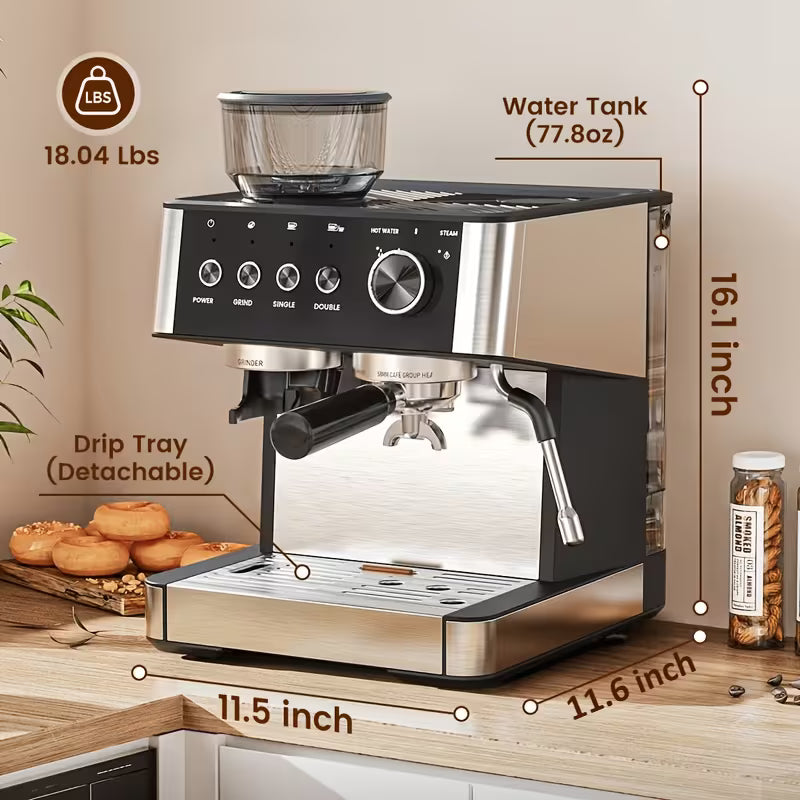 New All -In-One Espresso Machine With Built-In Grinder, 15-Bar Pressure, Steam Milk Frother Wand, Cappuccino &amp; Espresso Maker With Hot Water Dispenserno