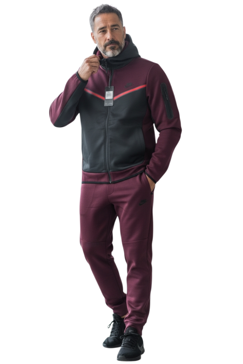 Nike Tech Adult Black Burgundy Matching Tracksuit Set