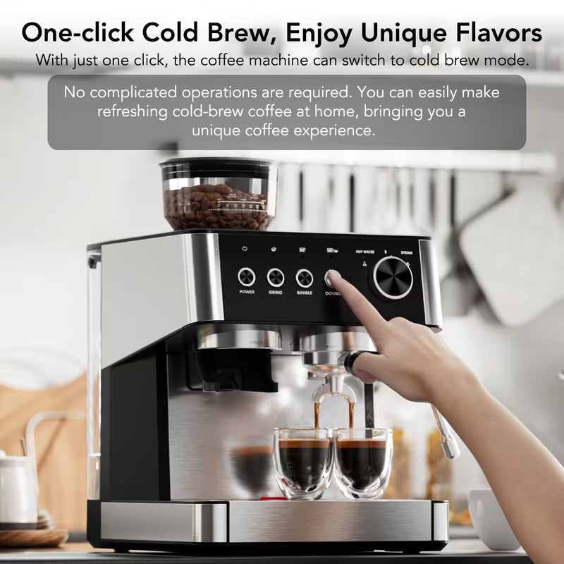 New All -In-One Espresso Machine With Built-In Grinder, 15-Bar Pressure, Steam Milk Frother Wand, Cappuccino &amp; Espresso Maker With Hot Water Dispenserno