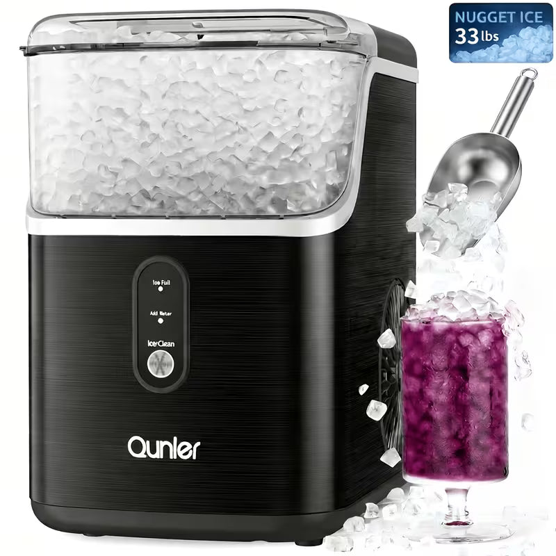 Nugget Ice Maker Countertop, Soft Chewable Pellet Ice Machine, Qunler 33/44 Lbs Per Day Self-Cleaning Stainless Steel Ice Maker for Iced Coffee, Soda, Tea, And Home Coffee Bar & Gifts for Coffee Lovers